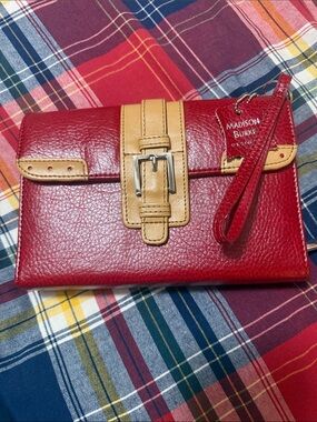 Red and Tan Leather Clutch with Buckle Accent